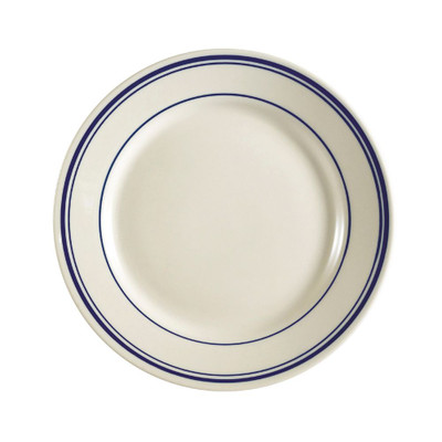 CAC China BLU-9 9.75" Dia. American White Ceramic Round Blue Line Plate (2 Dozen Per Case)