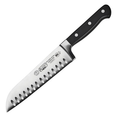 Winco KFP-70 7" Black Granton Edge Acero Santoku Knife with Injection Molded POM Handle