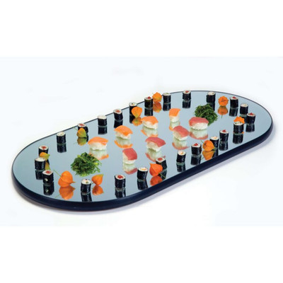 Lakeside 266 36" W x 18" D Black Vinyl Edges Rimless Plate Glass Oval Display Tray