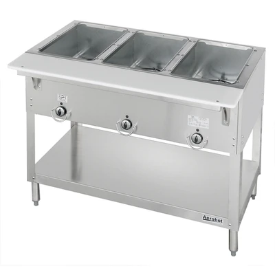 Duke 303-LP 44.38" W Liquid Propane Stainless Steel 3 Pan Open Base Aerohot Steamtable Hot Food Unit - 7500 BTU