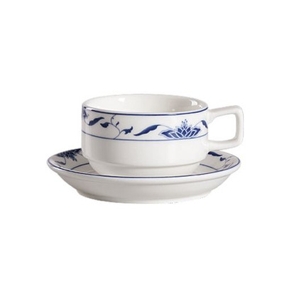 CAC China 103-2 5.5" Dia. Bone White Porcelain Round Blue Lotus Saucer (3 Dozen Per Case)