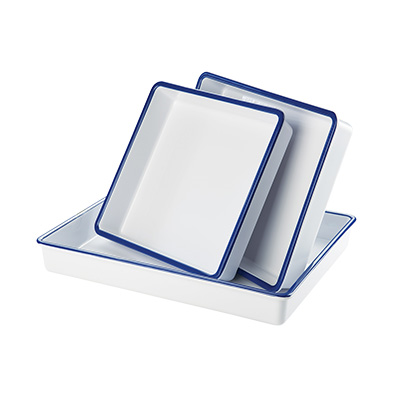 Cal-Mil 3470-15
 Melamine
 White Melamine With Blue Rim
 Rectangular
 Tray