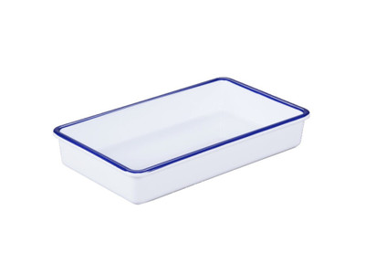 Cal-Mil 3470-15
Melamine
White Melamine With Blue Rim
Rectangular
Tray
