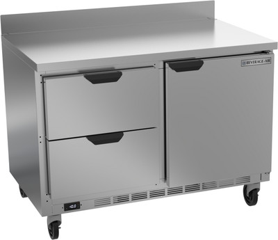 Beverage Air WTFD48AHC-2 48"W Two Drawer and One Door Stainless Steel Worktop Freezer With 4" Removable Backsplash