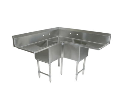 John Boos E3BCS-244-2D24 73" - 84" Stainless Steel 3 Compartment Left & Right Drain Corner Sink 14" Deep