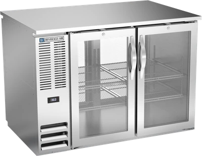 Beverage Air BB48HC-FG-PT-S 48" W Two-Section Glass Door Refrigerated Pass-Thru Back Bar Open Food Rated Refrigerator - 115 Volts