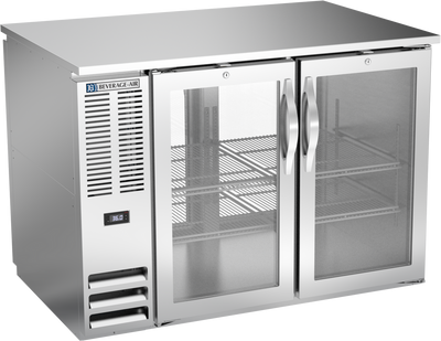 Beverage Air BB48HC-FG-PT-S 48" W Two-Section Glass Door Refrigerated Pass-Thru Back Bar Open Food Rated Refrigerator - 115 Volts