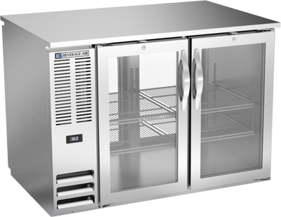 Beverage Air BB48HC-FG-PT-S 48" W Two-Section Glass Door Refrigerated Pass-Thru Back Bar Open Food Rated Refrigerator - 115 Volts