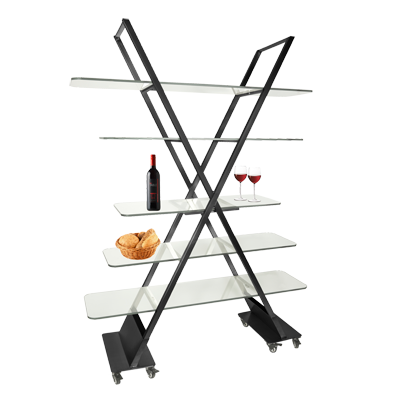 Eastern Tabletop AC1700MB 55"W x 15-1/2"D x 83-1/2"H Round Black Stainless Steel “X” Mobile Back Bar Display