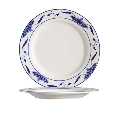 CAC China 103-6 6.25" Dia. Bone White Porcelain Round Blue Lotus Plate (6 Dozen Per Case)