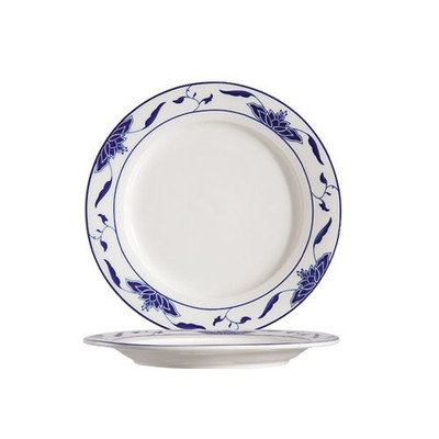 CAC China 103-6 6.25" Dia. Bone White Porcelain Round Blue Lotus Plate (6 Dozen Per Case)