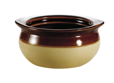 CAC China OC-10-C 10 Oz. Cream and Brown Ceramic Round Onion Soup Crock