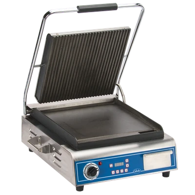 Globe GPGS14D 24.5" W Stainless Steel Single Plate Electric Countertop Sandwich and Panini Grill - 120 Volts
