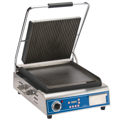 Globe GPGS14D 24.5" W Stainless Steel Single Plate Electric Countertop Sandwich and Panini Grill - 120 Volts