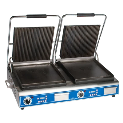 Globe GPGSDUE14D 27.5" W Stainless Steel Dual Top Plate Electric Countertop Sandwich and Panini Grill - 208-240 Volts