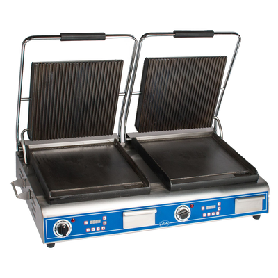 Globe GPGSDUE14D 27.5" W Stainless Steel Dual Top Plate Electric Countertop Sandwich and Panini Grill - 208-240 Volts