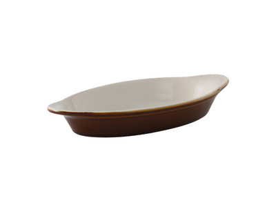 Tuxton B1N-120 12 Oz. Ceramic Caramel/Eggshell Oval / Oblong Welsh Rarebit (1 Dozen)