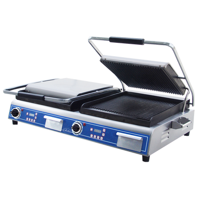 Globe GPGDUE14D 27" W Stainless Steel Dual Top Plate Electric Countertop Sandwich and Panini Grill - 208-240 Volts