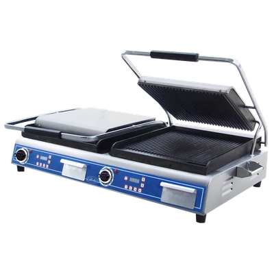 Globe GPGDUE14D 27" W Stainless Steel Dual Top Plate Electric Countertop Sandwich and Panini Grill - 208-240 Volts