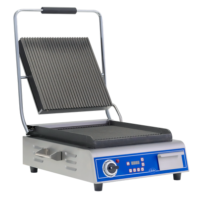 Globe GPG14D 24.5" W Stainless Steel Single Grooved Plate Electric Countertop Sandwich and Panini Grill - 120 Volts