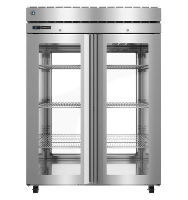 Hoshizaki PT2A-FGE-FGE Steelheart Series 55" W Stainless Steel Two-Section Full Height Hinged Glass Door Pass-Thru Refrigerator - 115 Volts