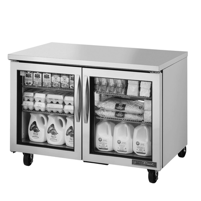 True TUC-48G-HC~FGD01 48.38"W Two-Section Glass Door Reach-In Undercounter Refrigerator