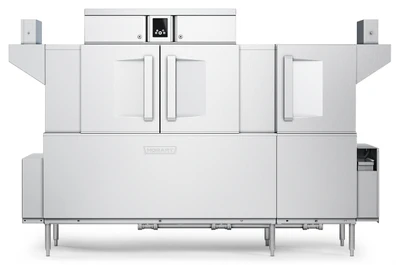 Hobart CL86-ADV+BUILDUP Low Temp Conveyor Dishwasher With Booster Heater 0.39 Gallon and Rack Stainless Steel Enclosure Panels