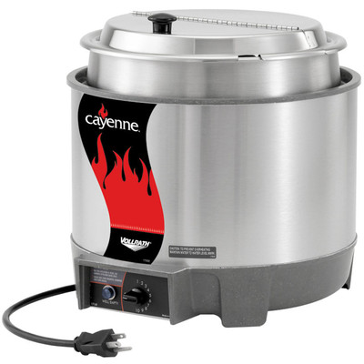 Vollrath 72018 10-9/16&quot; Dia. x 9-5/8&quot;H Cayenne Round Heat 'n Serve Rethermalizer / Warmer Package with Inset and Cover - 120 Volts, - 800 Watts