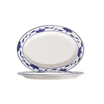 CAC China 103-34 Bone White Porcelain Oval Blue Lotus Platter (2 Dozen Per Case)