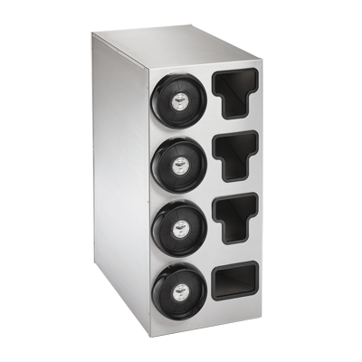 Vollrath 58834 Stainless Steel 4 Slot Countertop Cup Dispenser With 3 T-Lid Holders and 1 Straw Pocket