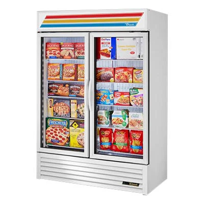 True GDM-49F-HC~TSL01 Two Section Glass Hinged Doors Freezer Merchandiser
