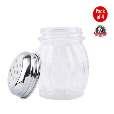TableCraft Products CP260-4 6 Oz. Swirl Polycarbonate Jar Perforated Chrome Plated Tops Cash & Carry Cheese Shakers