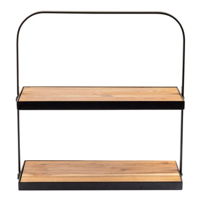 TableCraft Products 10718 17-3/10" x 8" x 18"H Two-Tier Rectangular Collapsible Acacia Wood Black Powder Coated Metal Frame Display Stand