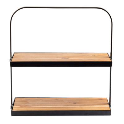TableCraft Products 10718 17-3/10" x 8" x 18"H Two-Tier Rectangular Collapsible Acacia Wood Black Powder Coated Metal Frame Display Stand