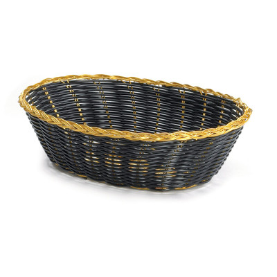 TableCraft Products 975B 9" W x 6 1/2" D x 2 1/2" H Oval Black Vinyl Hand Woven Basket With Gold Metal Trim