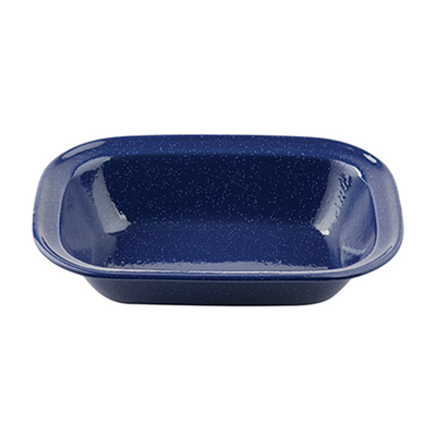 TableCraft Products 10160 11" W x 8 1/8" D x 2 3/8" H 48 Oz. Rectangular Enamel Blue With White Speckle Serving Pan