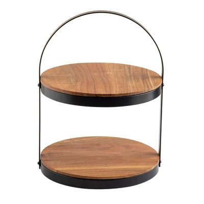 TableCraft Products 10719 12" x 11-2/5" x 16" Two-Tier Round Collapsible Acacia Wood Black Powder Coated Metal Frame Display Stand