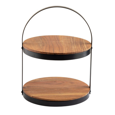 TableCraft Products 10719 12" x 11-2/5" x 16" Two-Tier Round Collapsible Acacia Wood Black Powder Coated Metal Frame Display Stand