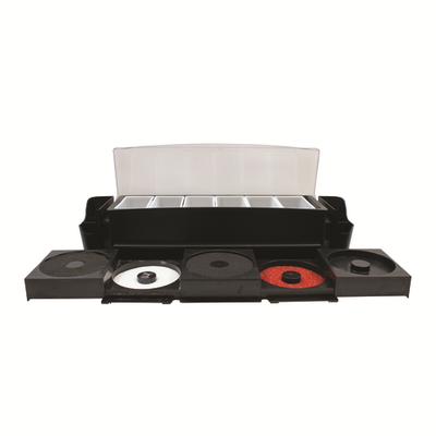 TableCraft Products BCD1400 24 3/4&quot; W x 7 1/4&quot; D x 6 1/4&quot; H Black And Clear Plastic Cash &amp; Carry Ultimate Garnish Station With 5 Tray Rimming Station