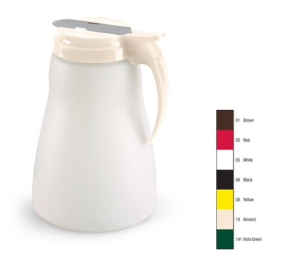 Vollrath 4864-18 64 Oz. 8 1/2" H 5 3/8" Bottom Diameter 2 1/2" Jar Opening Almond Plastic Top Dripcut Syrup Server