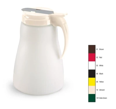 Vollrath 4864-18 64 Oz. 8 1/2" H 5 3/8" Bottom Diameter 2 1/2" Jar Opening Almond Plastic Top Dripcut Syrup Server