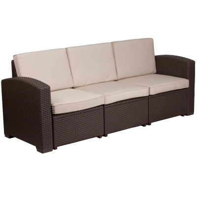 Flash Furniture DAD-SF1-3-GG 78-1/2"W x 28"D x 32"H Outdoor Sofa Chocolate Brown Faux Rattan With All-Weather Beige Cushions