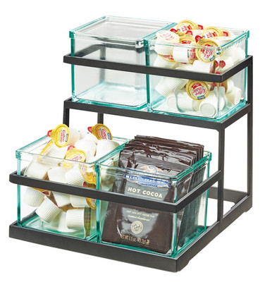 Cal-Mil 3604-13 10-1/4" W x 11" D x 11-1/2" H 2-Tier Metal Frame Black (4) 5" x 5" GlassJ Jars Condiment Stair Step Display