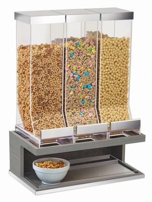 Cal-Mil 3823-83 17 1/2" W x 9 1/2" D x 24" H 10 L. 3 Dispensers Countertop Metal Frame Wood Gray Wash Ashwood Cereal Dispenser