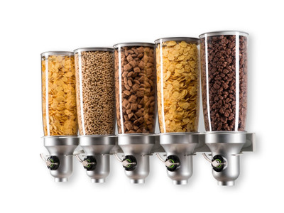 Cal-Mil 3518-5-39FF 40" W x 6 1/2" D x 19 3/4" H 5 L. 5 Dispensers Platinum Wall Mount Cereal Dispenser