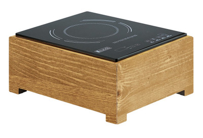 Cal-Mil 3633-99 12 3/4" W x 16" D x 7 1/4" H Rustic Pine Square Glass Top Madera Induction Unit - 120 Volts 1600 Watts