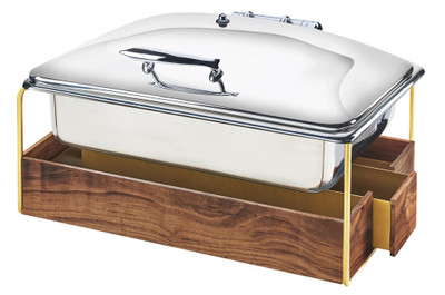 Cal-Mil 3705-46 23" W x 17 1/2" D x 13 3/4" H 8 Qt. Rectangular Walnut Windguards Brass Frame Mid-Century Chafing Dish