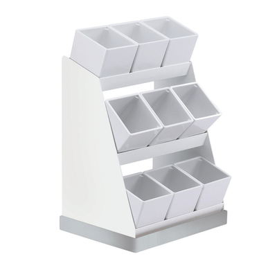 Cal-Mil 3018-55-15 12-1/4" W x 9" D x 15-1/2" H 3-tier (9) White Melamine Jars Stainless Steel Base and White Metal Frame Luxe Condiment Display