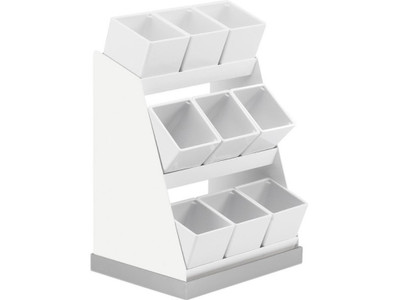 Cal-Mil 3018-55-15 12-1/4" W x 9" D x 15-1/2" H 3-tier (9) White Melamine Jars Stainless Steel Base and White Metal Frame Luxe Condiment Display