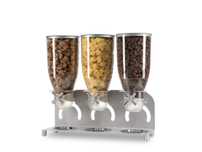 Cal-Mil 3510-3-39 18 1/2" W x 6" D x 17 3/4" H 3.5 L 4 - Wing Knob Platinum Metal Stand Removable Crumb Catcher BPA Free Cereal Dispenser